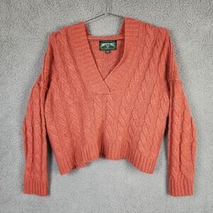 Womens American Eagle Orange V-neck Chunky Knit Hooded Sweater Sz Medium